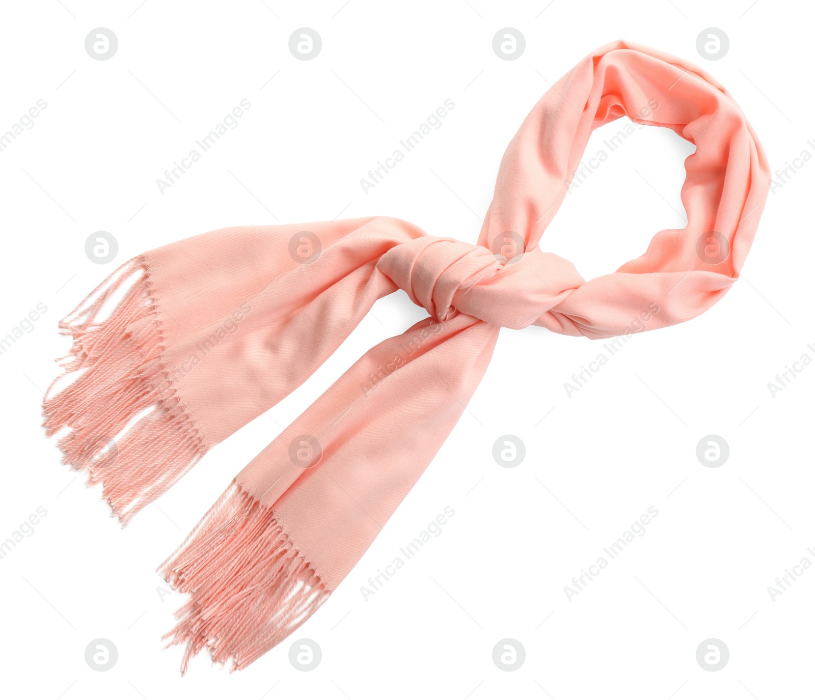 Photo of Peach scarf on white background, top view