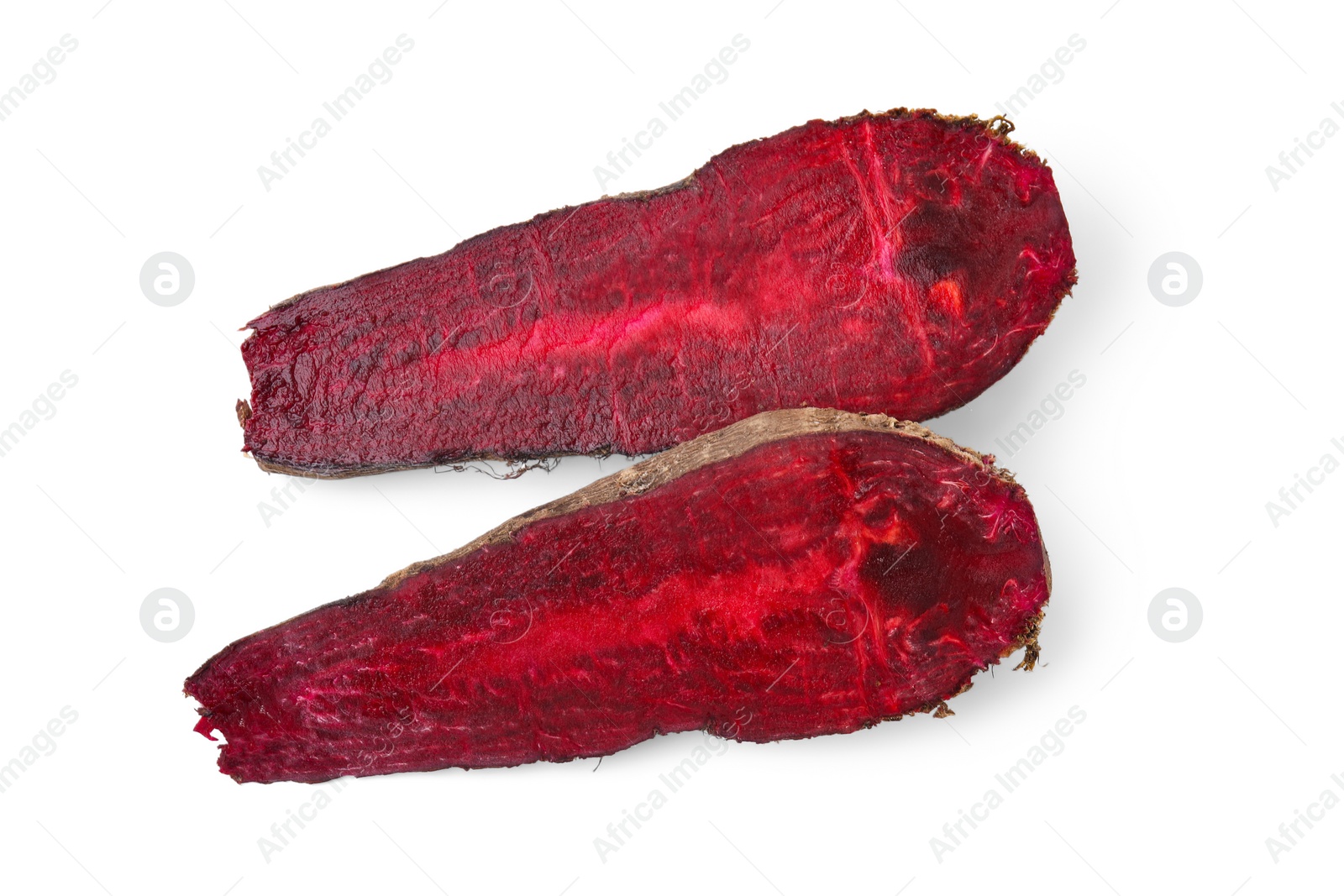 Photo of Cut red beets isolated on white, top view