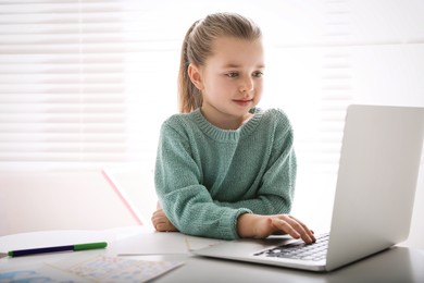 Photo of Little girl learning English indoors at online lesson