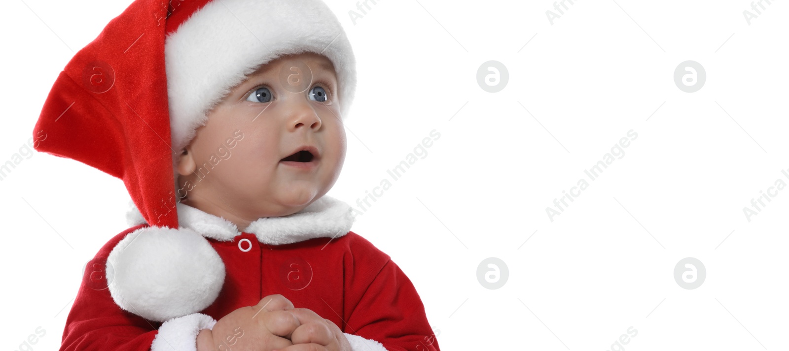 Image of Cute baby wearing Christmas costume on white background. Banner design