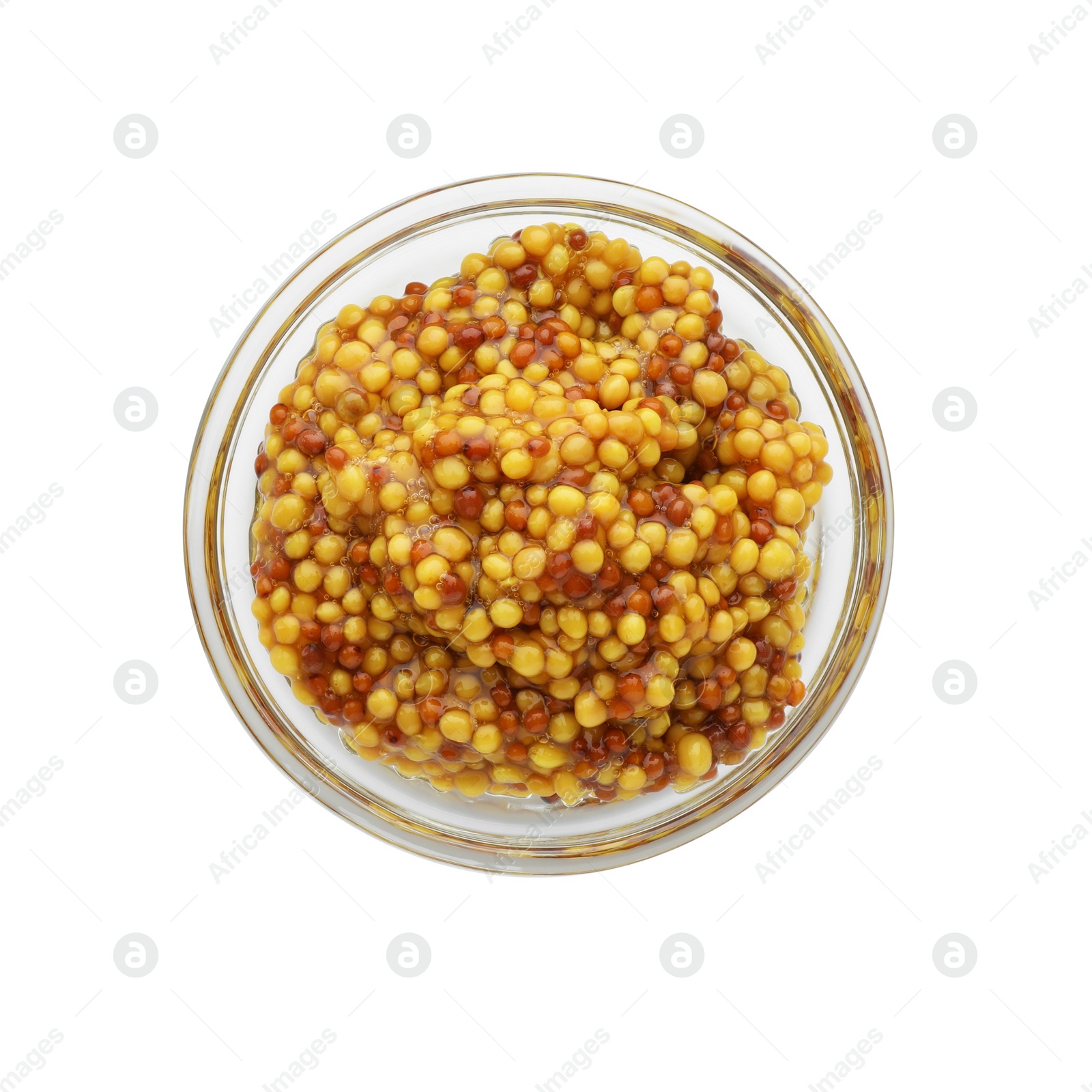 Photo of Fresh whole grain mustard in bowl isolated on white, top view