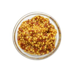 Fresh whole grain mustard in bowl isolated on white, top view