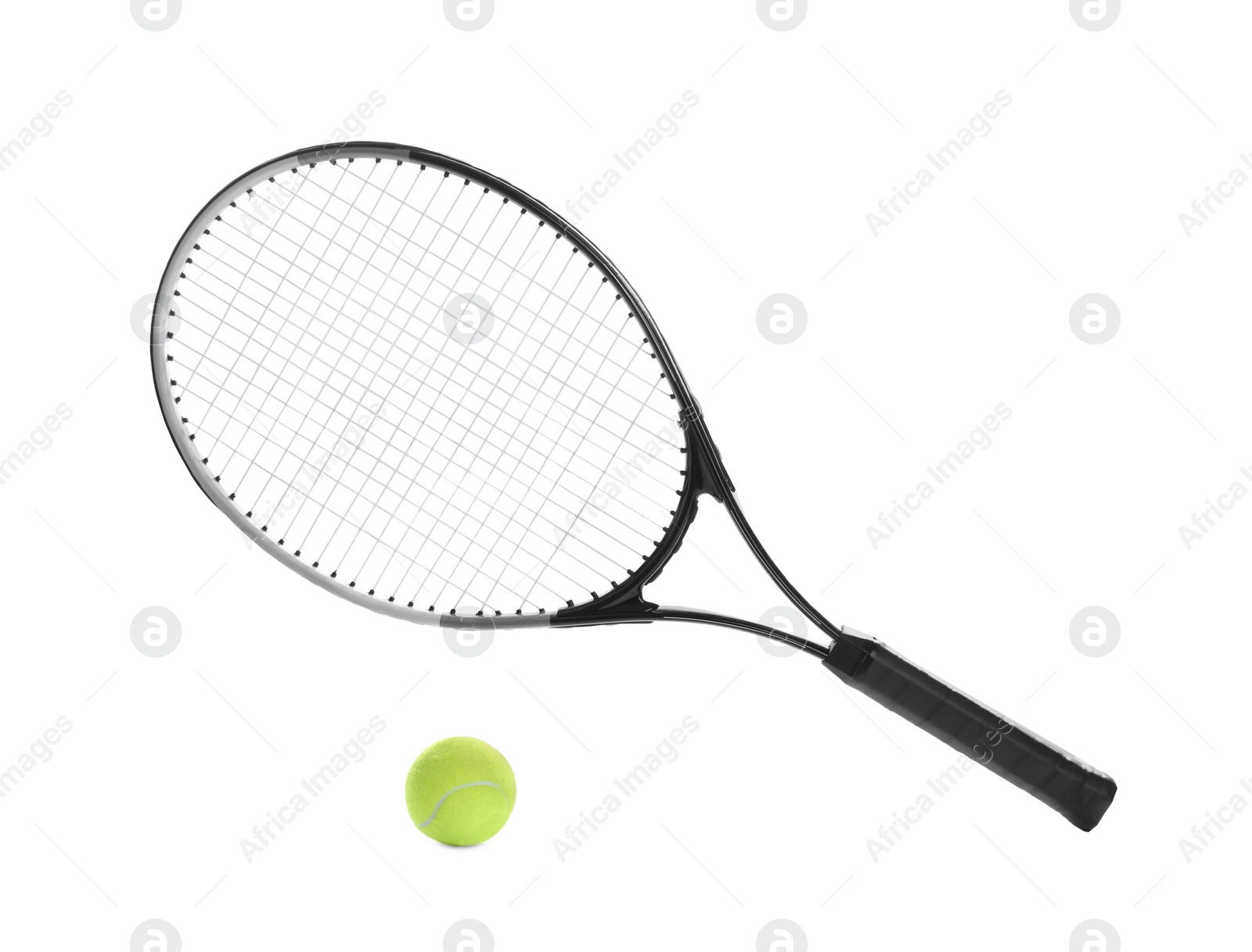 Photo of Tennis racket and ball on white background. Sports equipment