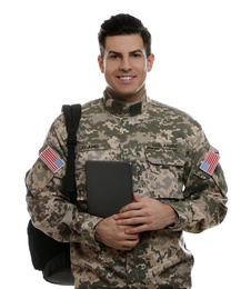 Cadet with backpack and tablet isolated on white. Military education