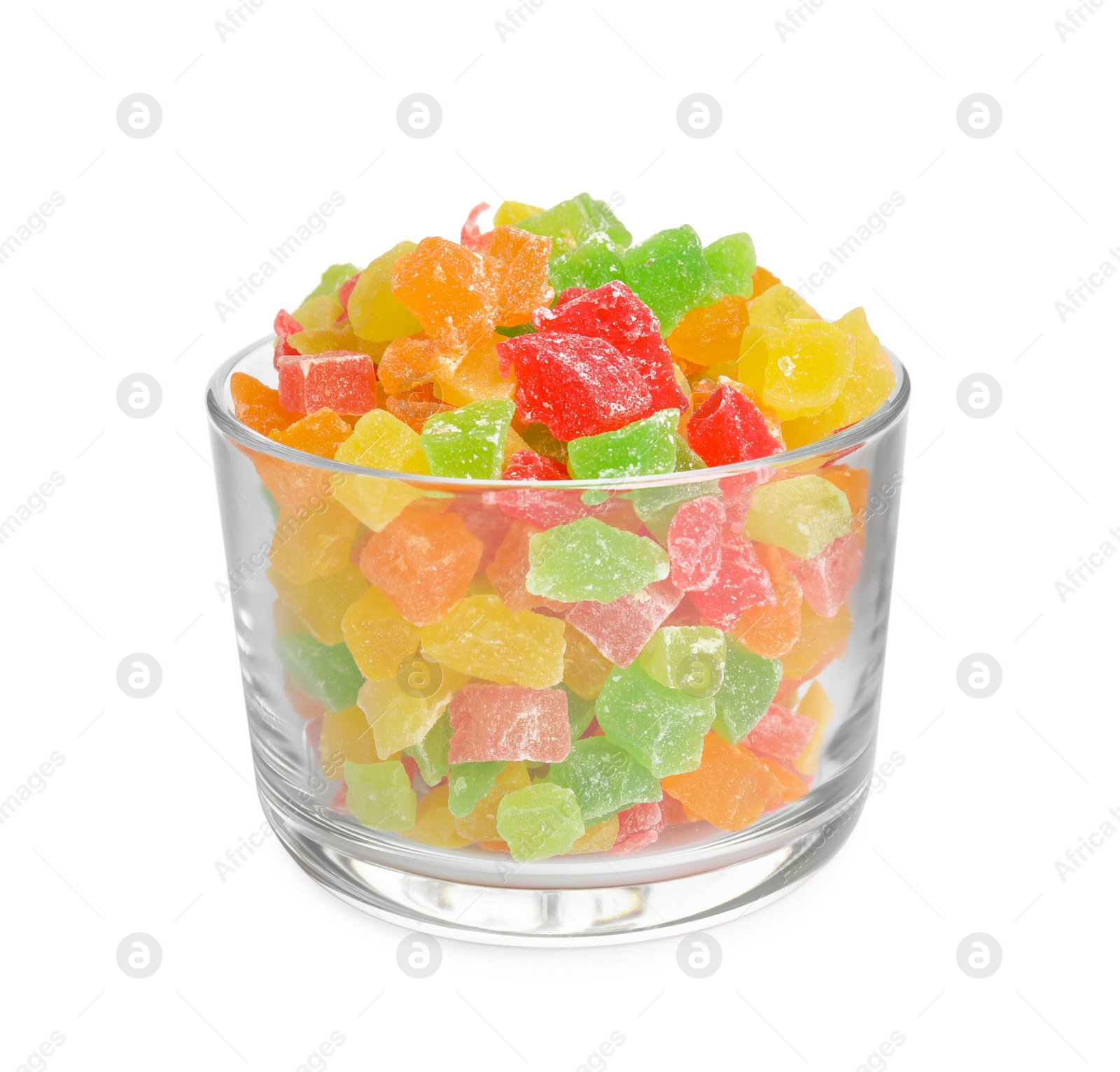 Photo of Mix of delicious candied fruits in glass isolated on white