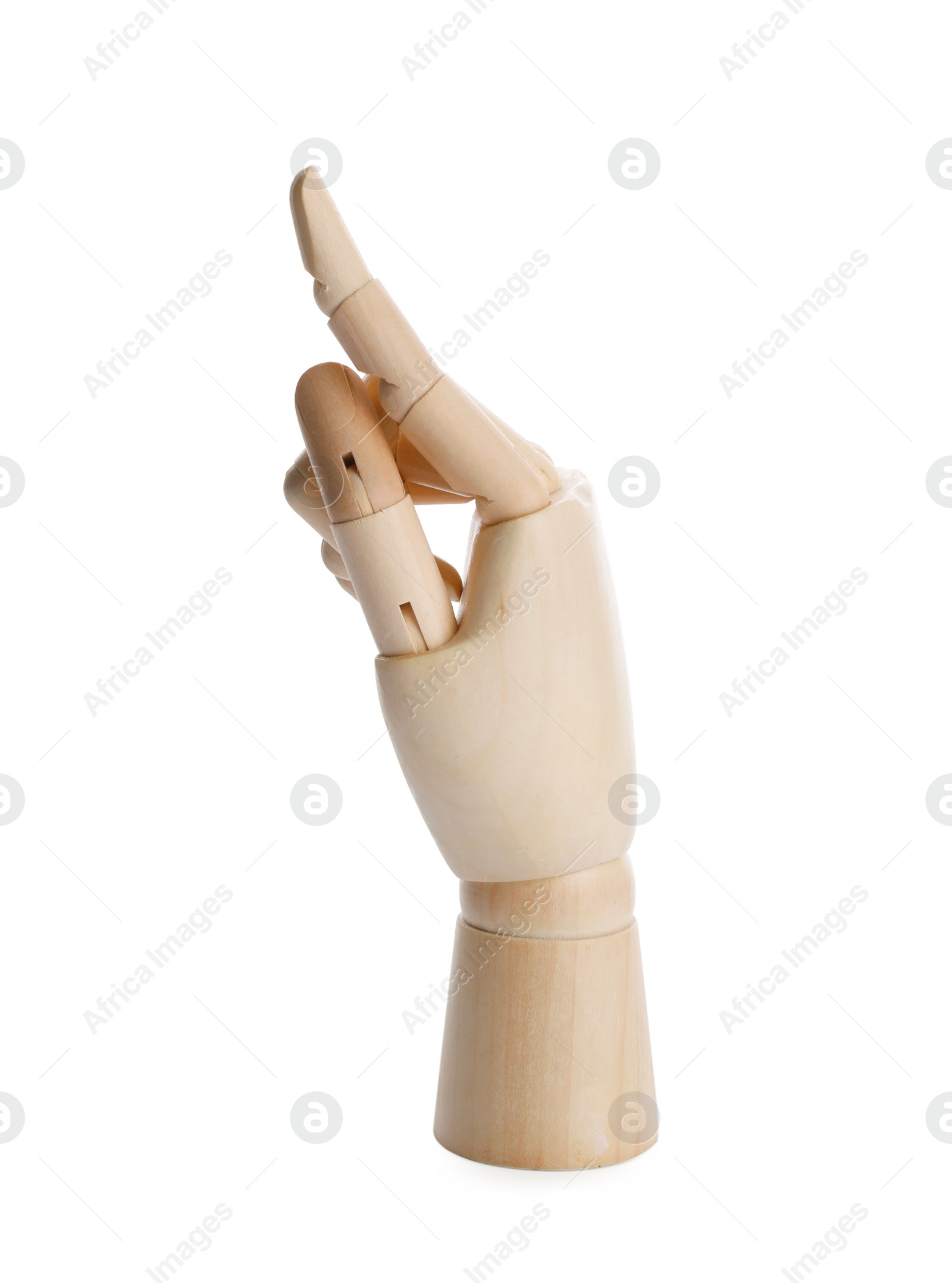 Photo of Wooden hand model on white background. Mannequin part