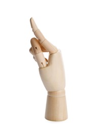 Photo of Wooden hand model on white background. Mannequin part