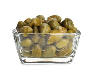 Photo of Capers in glass bowl isolated on white