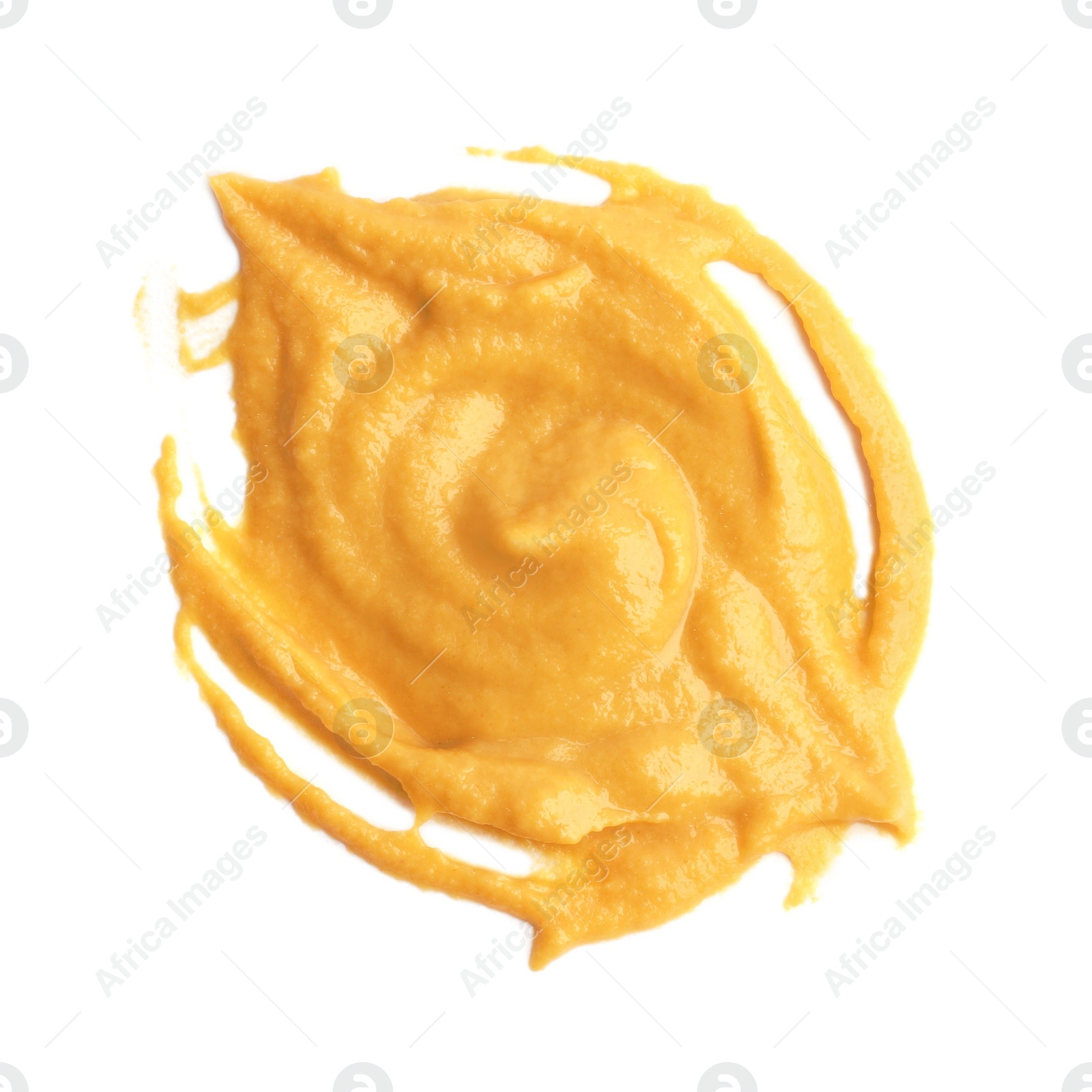 Photo of Tasty mustard isolated on white, top view. Spicy sauce