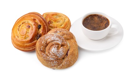 Photo of Delicious rolls with jam, powdered sugar, raisins and cup of coffee isolated on white. Sweet buns