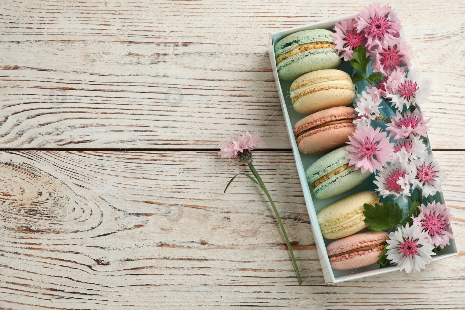 Photo of Delicious macarons and flowers on white wooden table, flat lay. Space for text