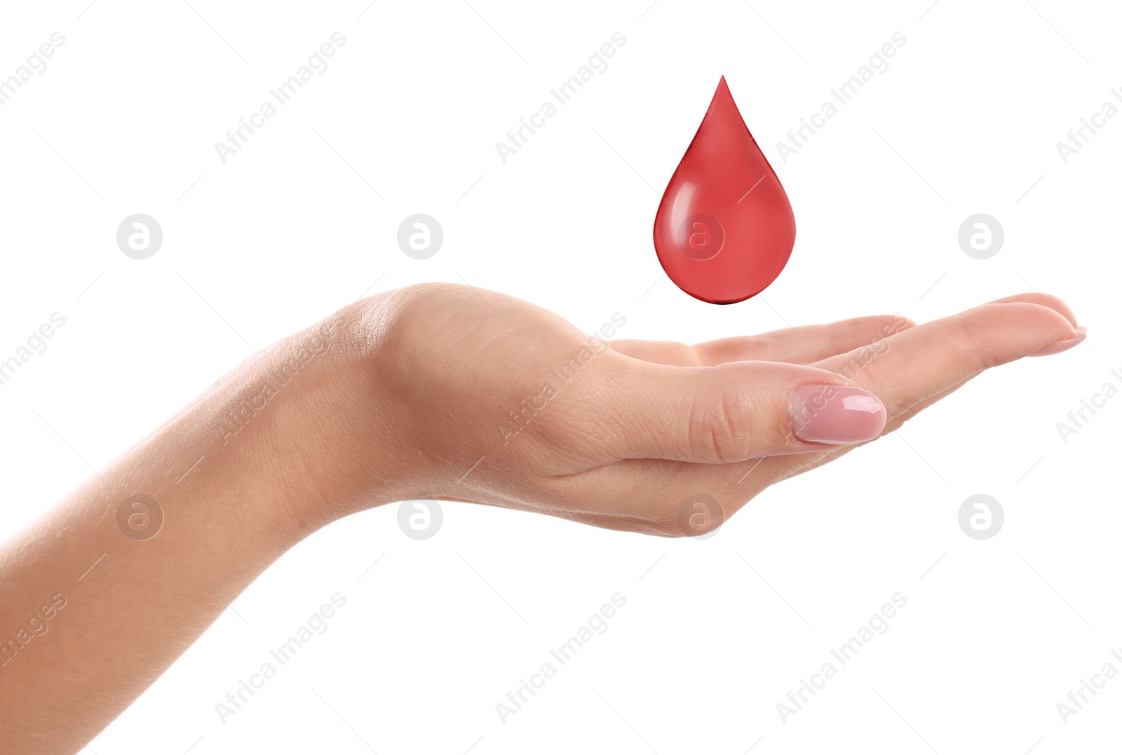 Image of Woman and drop of blood on white background, closeup. Anemia concept