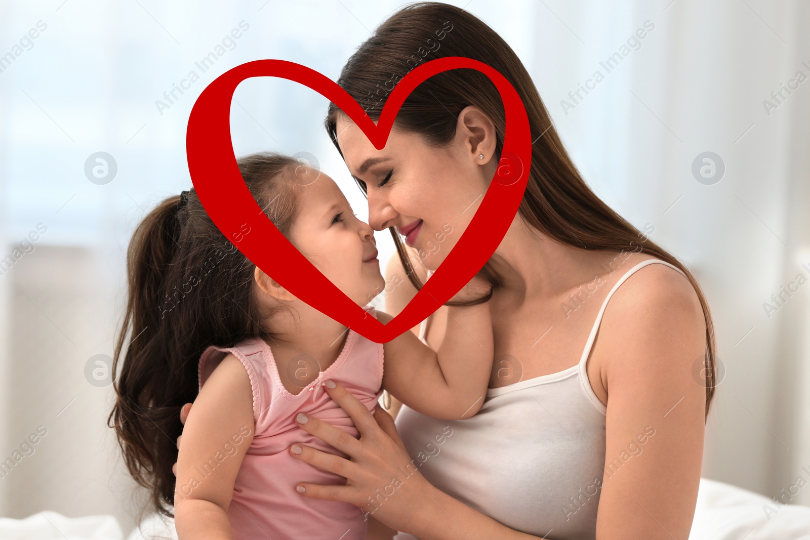 Image of Illustration of red heart and happy mother with little daughter in bedroom