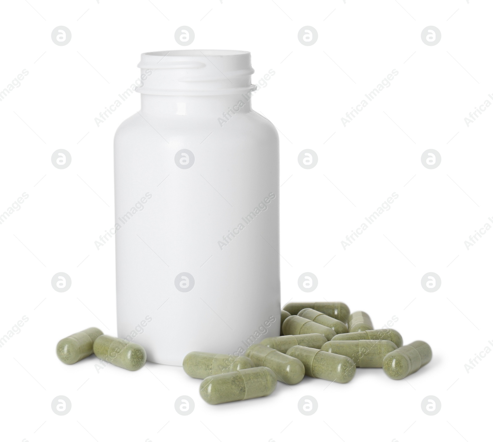 Photo of Bottle and pile of vitamin pills isolated on white