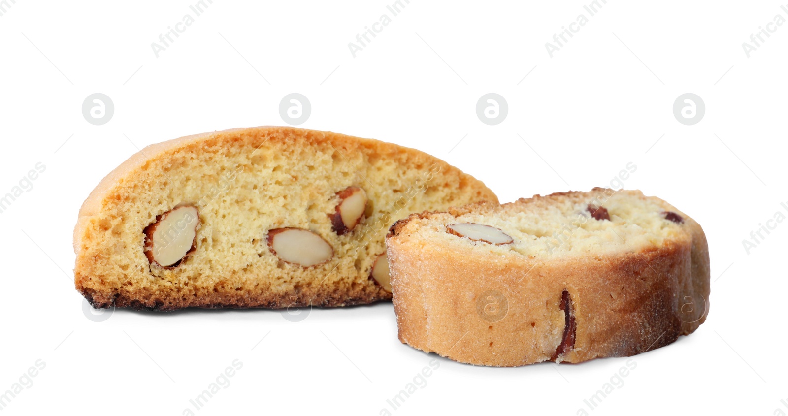 Photo of Slices of tasty cantucci on white background. Traditional Italian almond biscuits