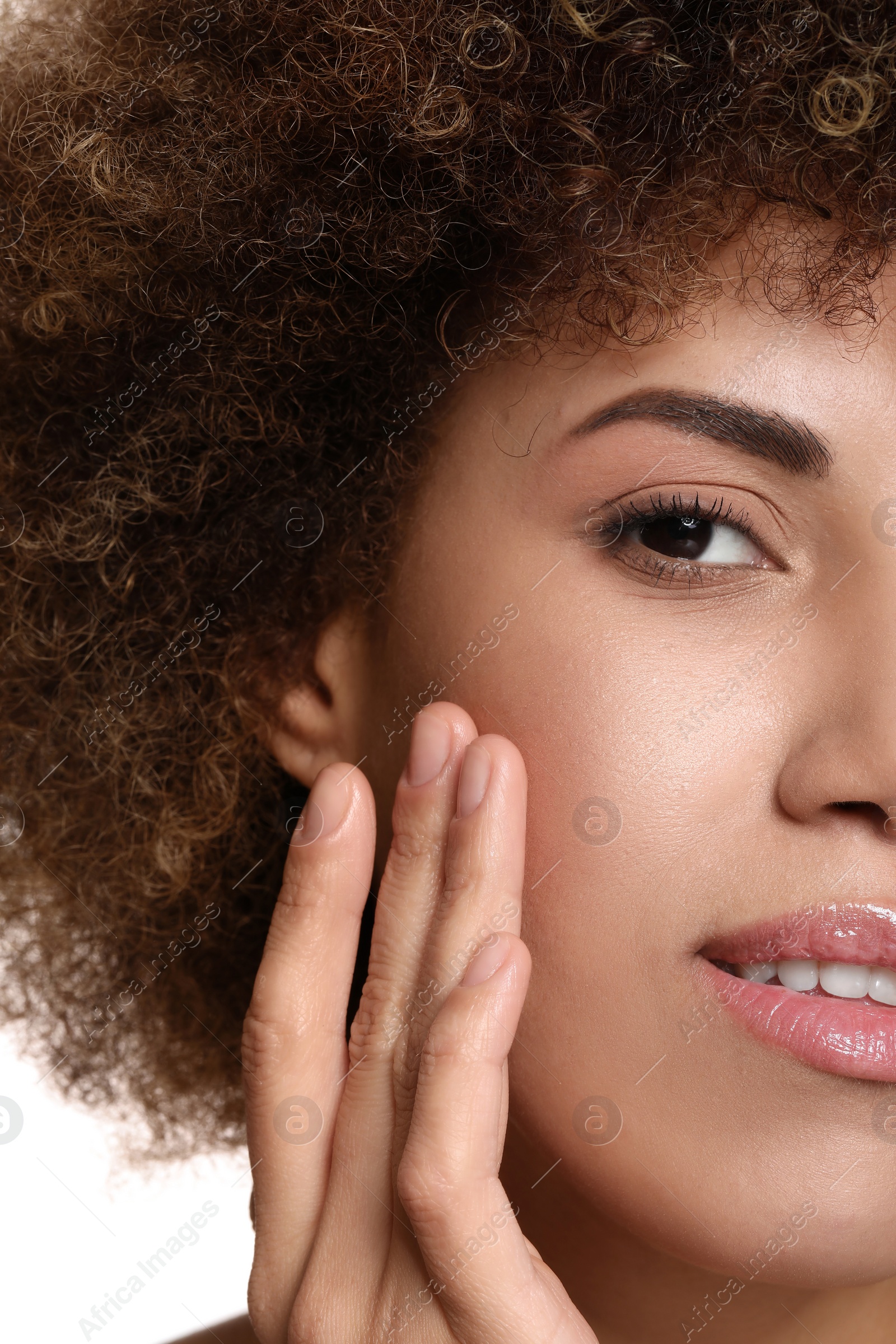 Photo of Beautiful woman with healthy skin on white background, closeup