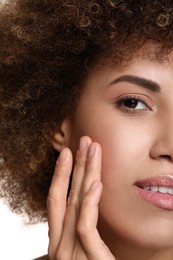 Beautiful woman with healthy skin on white background, closeup