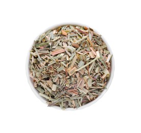 Bowl of aromatic dried lemongrass isolated on white, top view