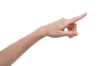 Photo of Woman pointing at something on white background, closeup of hand