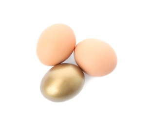 Photo of One golden egg among others on white background, top view