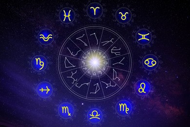 Illustration of zodiac wheel with astrological signs against starry sky in night