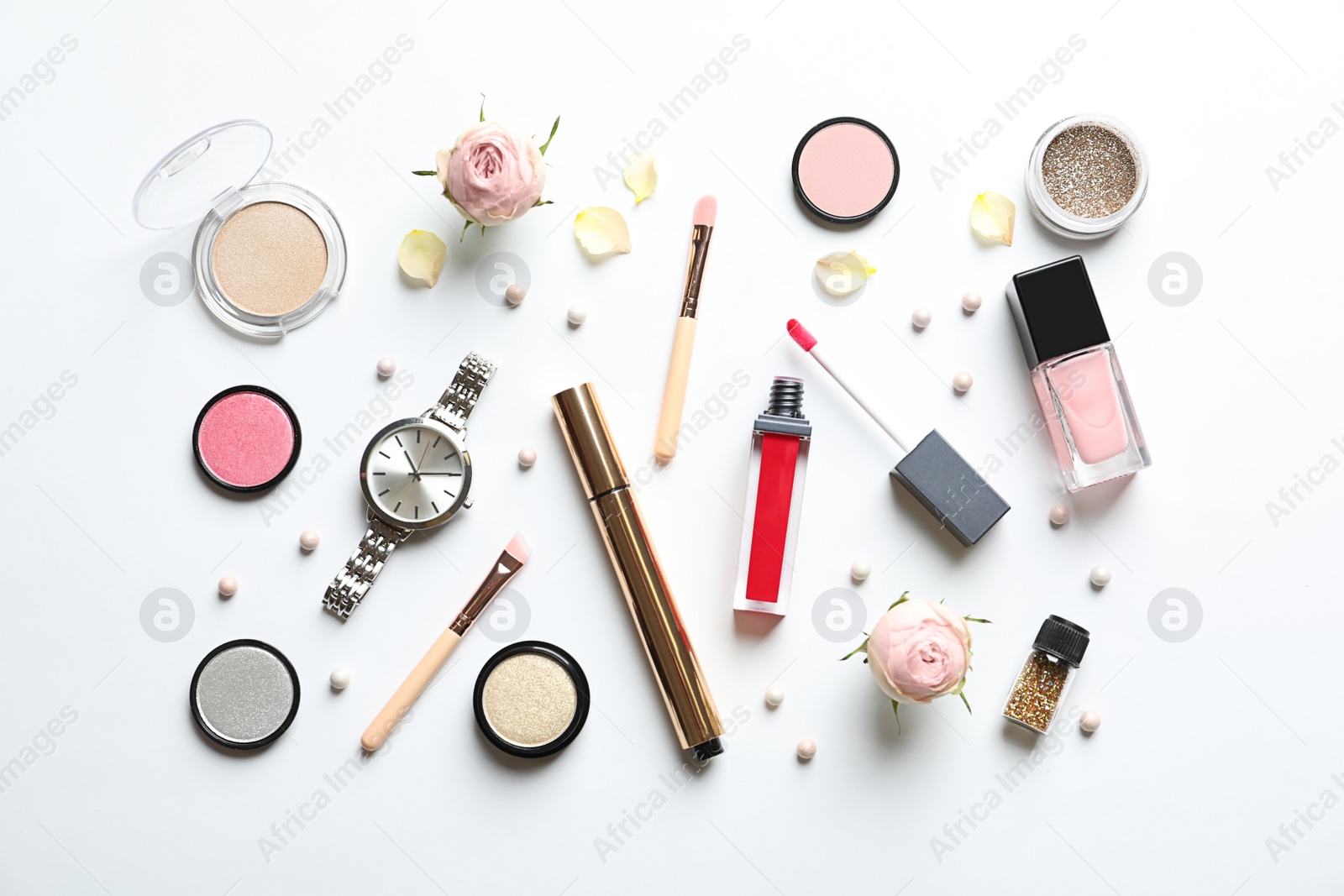 Photo of Beautiful composition with lipsticks on white background, flat lay