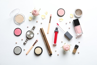 Beautiful composition with lipsticks on white background, flat lay