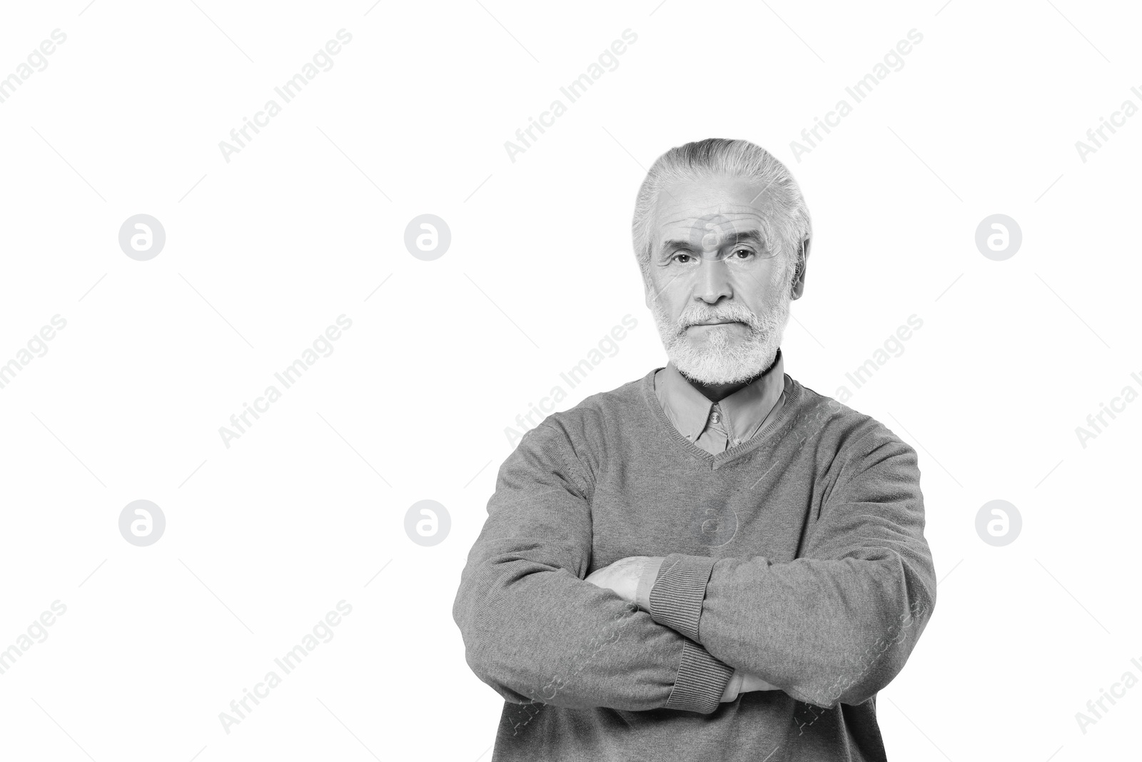 Image of Portrait of handsome senior man on light background, space for text. Black and white effect