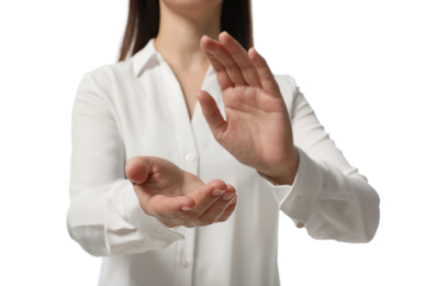 Photo of Businesswoman holding something on white background, closeup