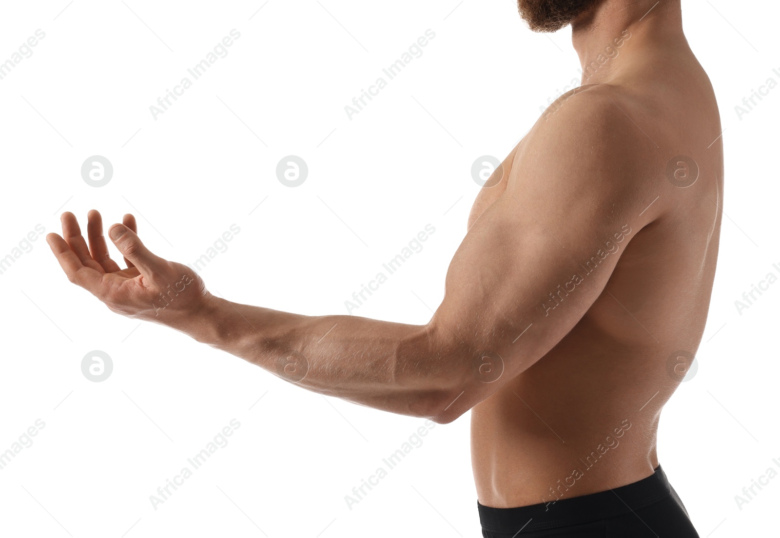 Photo of Man with muscular body on white background, closeup