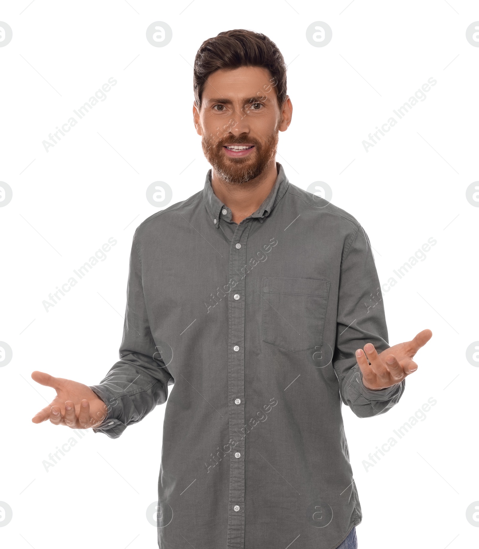 Photo of Handsome man gesturing on white background. Weather forecast reporter