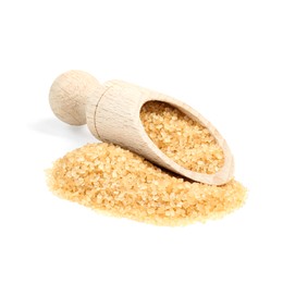 Pile of brown sugar and wooden scoop isolated on white