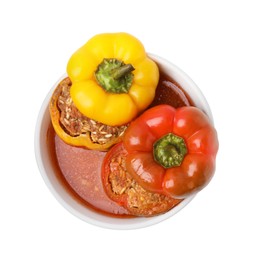 Photo of Delicious stuffed bell peppers isolated on white, top view