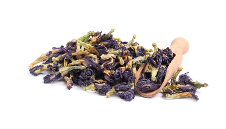 Photo of Organic blue Anchan and scoop on white background. Herbal tea