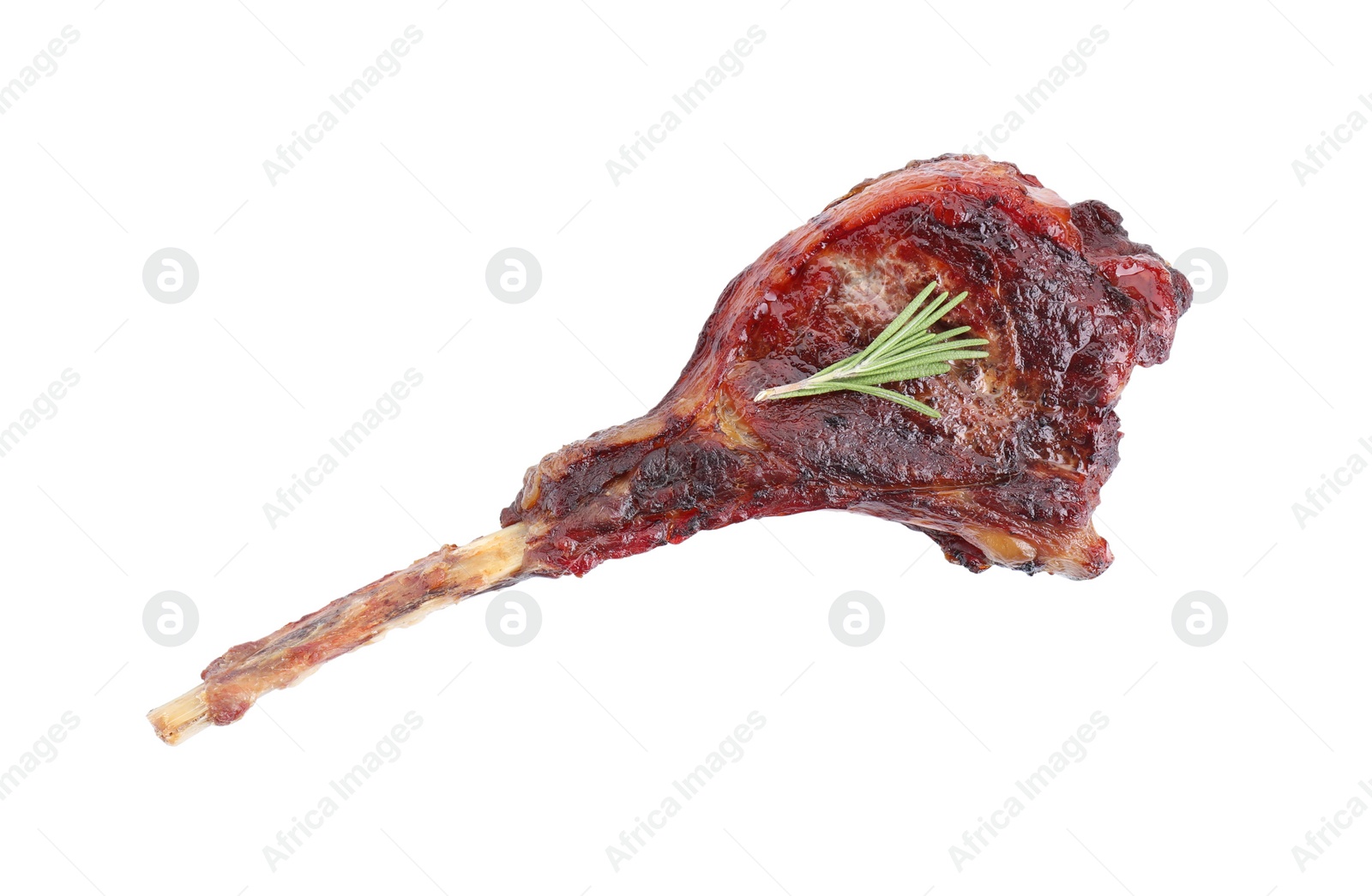 Photo of Delicious grilled beef meat and rosemary isolated on white, top view