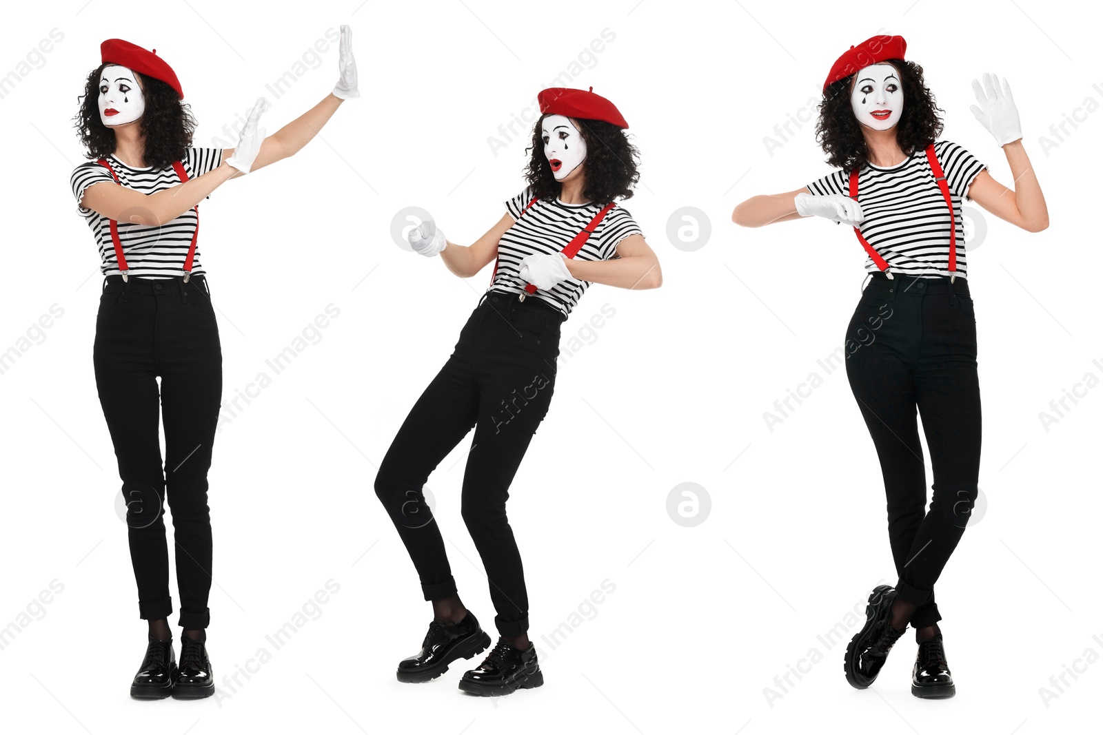 Image of Funny mime posing on white background, set of photos