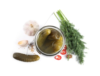 Composition with pickled cucumbers on white background, top view