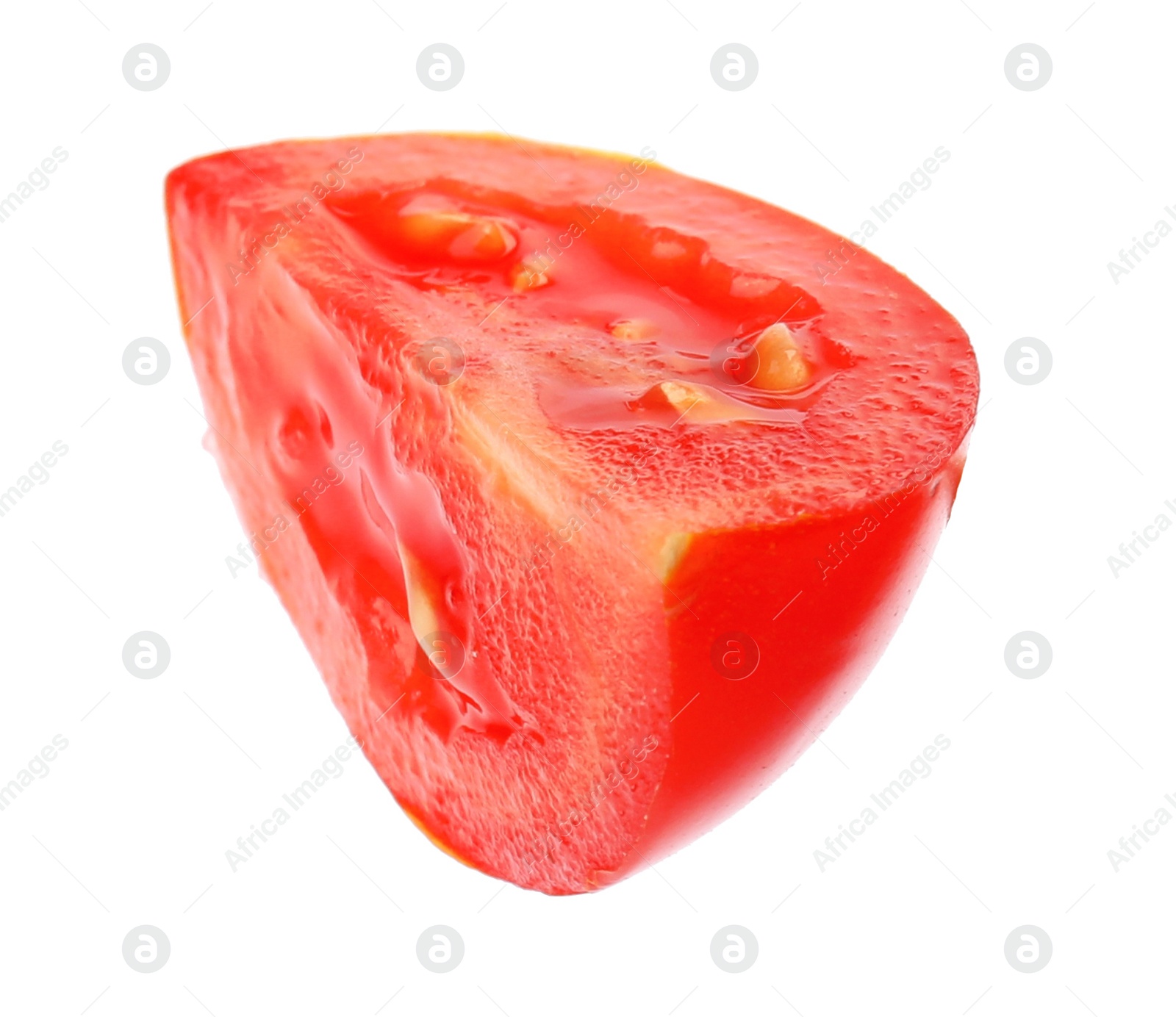 Photo of Piece of tasty fresh cherry tomato on white background