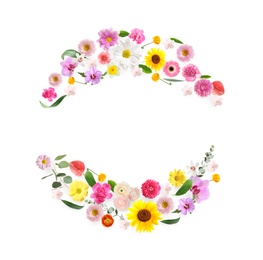 Image of Wreaths made of beautiful flowers on white background