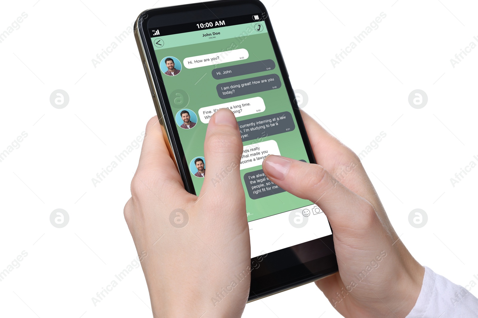 Image of Woman texting with friend using messaging application on smartphone against white background, closeup