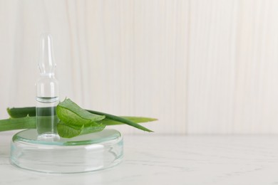 Photo of Pharmaceutical ampoule with medication and aloe leaves on white table, space for text