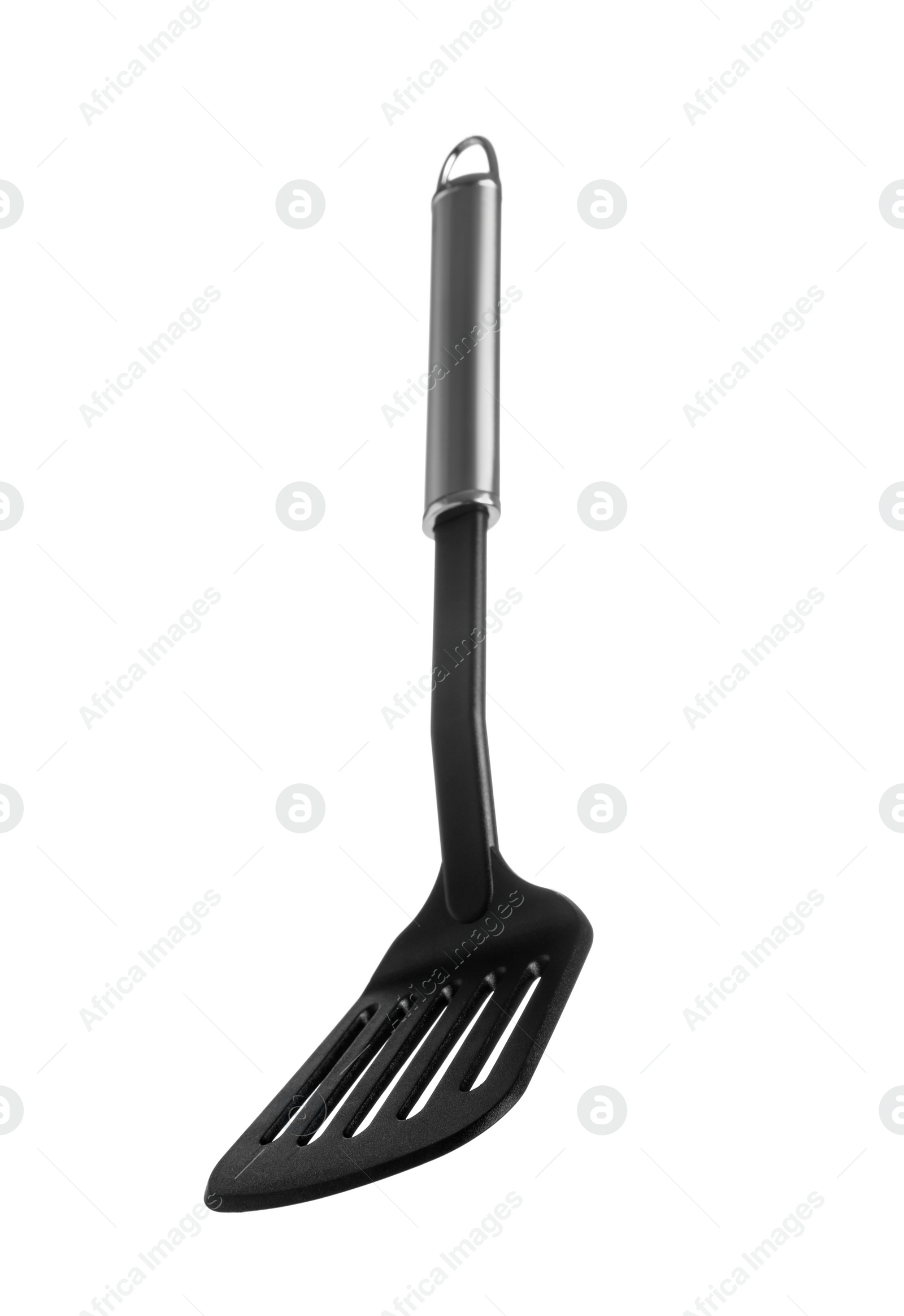 Photo of One black spatula with metal handle isolated on white