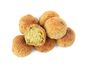 Photo of Pile of delicious falafel balls on white background, top view