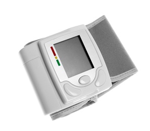 Digital blood pressure monitor on white background. Cardiology equipment