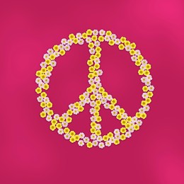 Hippie peace symbol made of primula flowers on pink background