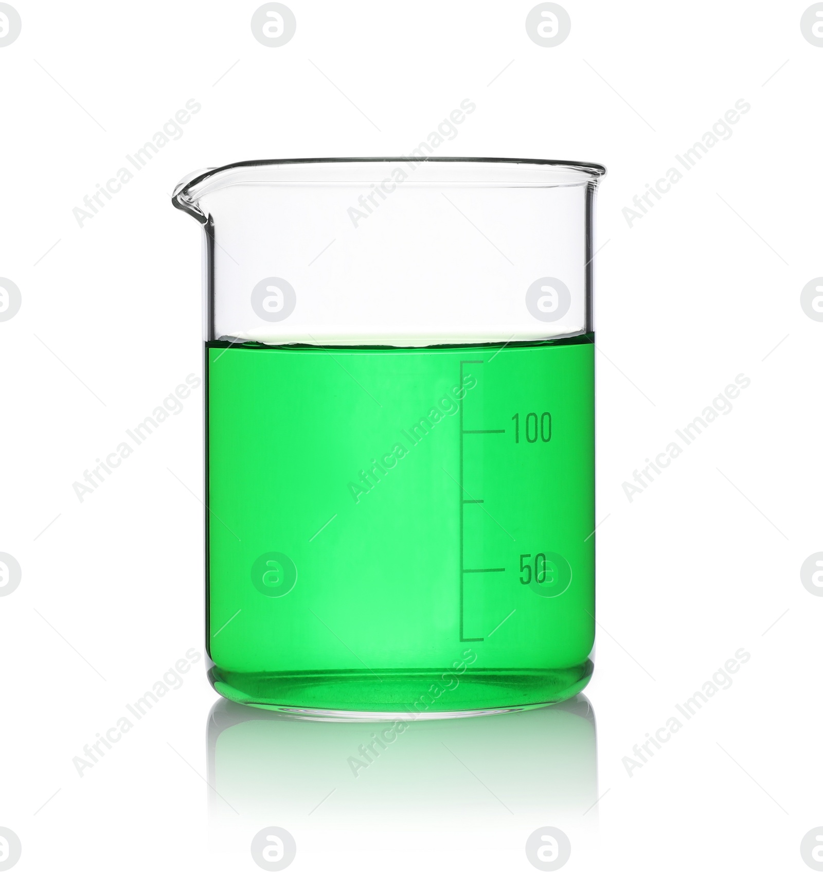 Photo of Beaker with green sample isolated on white
