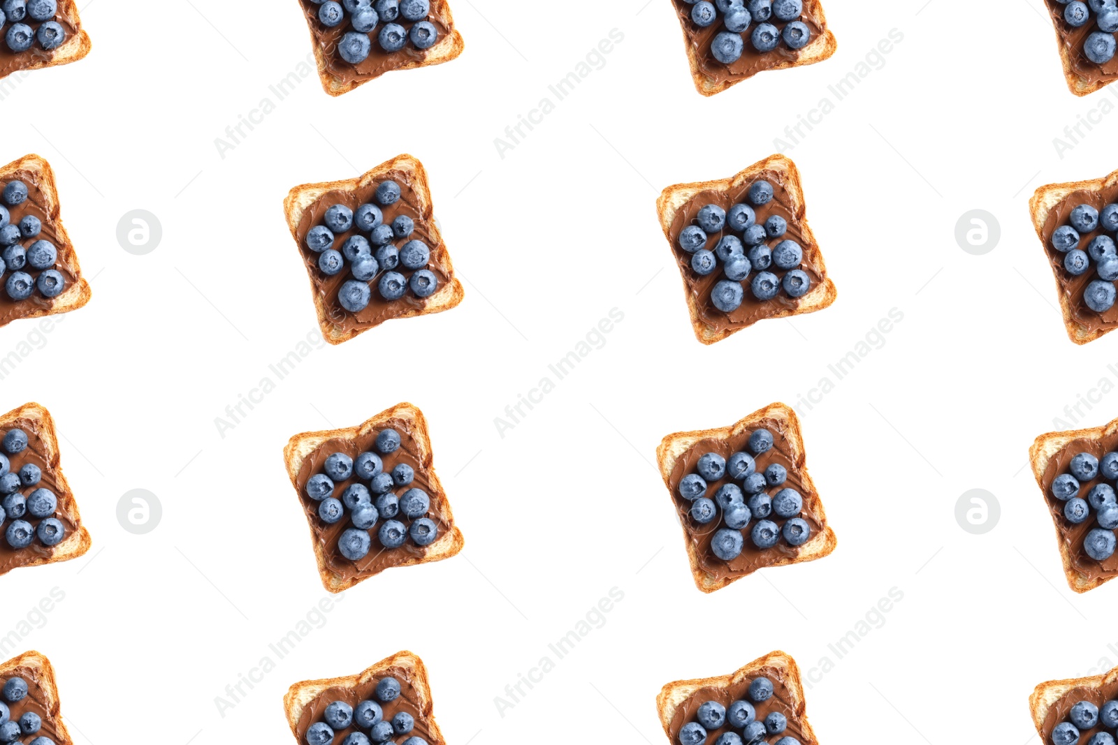 Image of Set of delicious toasted bread with chocolate spread and blueberries on white background, top view