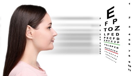 Vision test. Woman and eye chart on white background, banner design