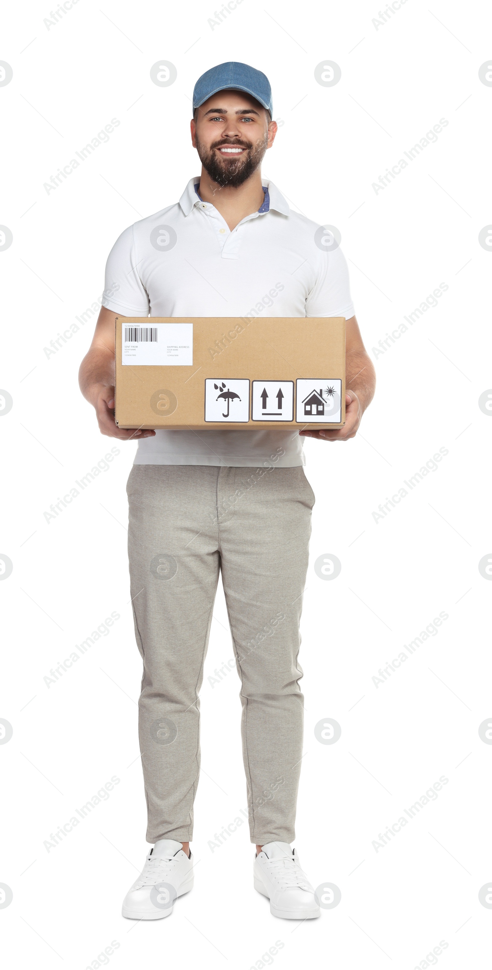 Photo of Courier holding cardboard box on white background