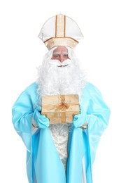 Portrait of Saint Nicholas with present on white background